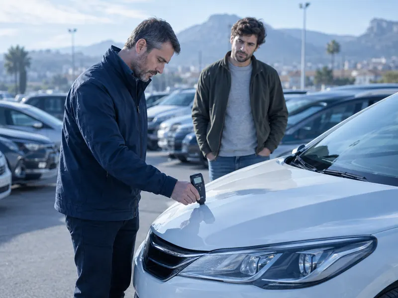 Perito midiendo el espesor de pintura de un coche de segunda mano