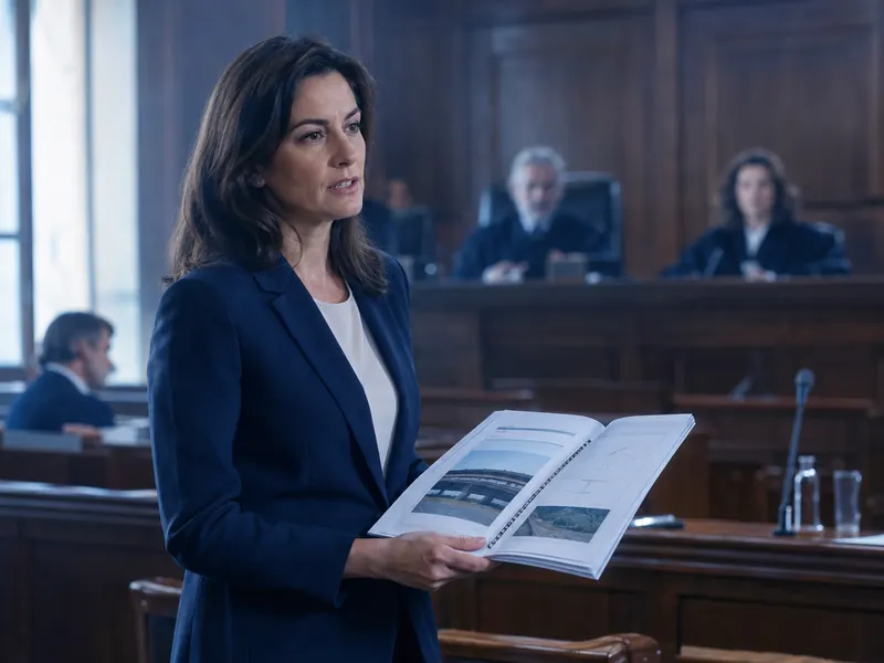 Perita judicial exponiendo un informe técnico en un juzgado