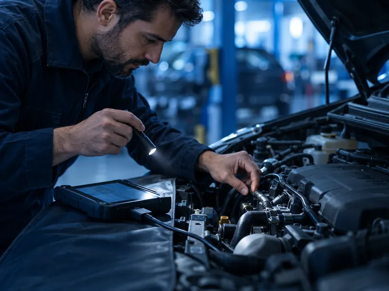 Perito revisando el motor de un coche con una tablet de diagnosis