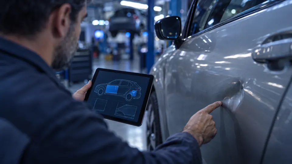 Perito de automóviles valorando un daño en la puerta de un coche con una tablet